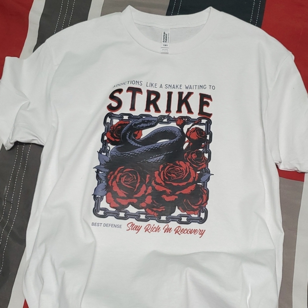 Recovery Rich white tee with snake representing addiction. Multiple sizes